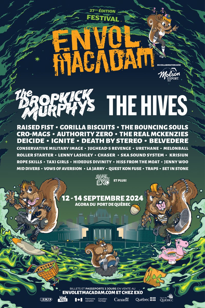 PROGRAMMATION 2024 On se voit à l'Agora - Port de Québec en septembre avec @dropkickmurphys @TheHives @raisedfist @BouncingSoulsNJ @realcromags @Real_McKenzies Gorilla Biscuits, Rope Skills, Taxi Girls, Conservative Military Image et plein de shows en salle aussi! #Envoletmacadam