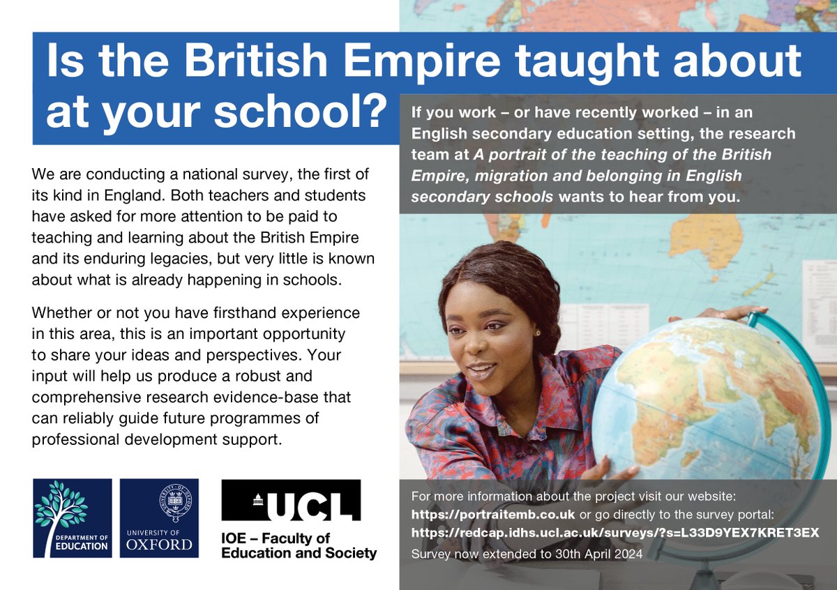 Delighted we've had responses from all across the country as we try to build a truly national portrait of teaching about Empire in England's secondary schools. Wherever you are & whatever your subject there's still time to take part in our landmark survey redcap.idhs.ucl.ac.uk/surveys/?s=L33…