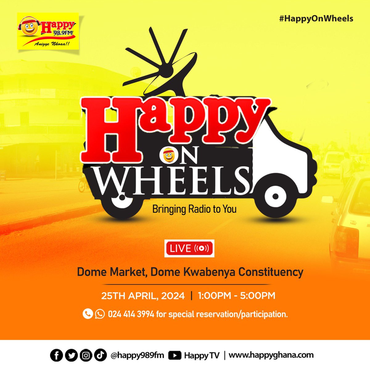 Dome Kwabenya Constituency , are you ready? Join us at Dome Market, this Thursday for another thrilling episode of #HappyOnWheels as we engage you on various developmental issues confronting your community and finding solutions to them. Trust us, it’s going to be a blast!