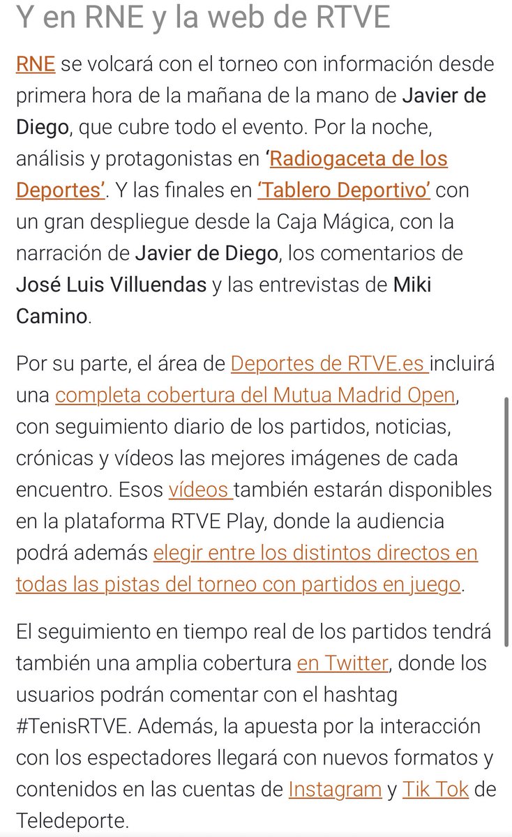 🚨 Comunicado prensa @rtve 🚨”El Mutua Madrid Open se juega en RTVE”. ✍🏼 “Hasta el 5 de mayo, en TDP, RNE y RTVE Play”. 🗣️ Con @arsenismash, @Rociosenan, @jpalomar_pm, @viviruano, @anabelmedina, @tc_carbonell, Dani Muñoz de la Nava y @FelopezFe
