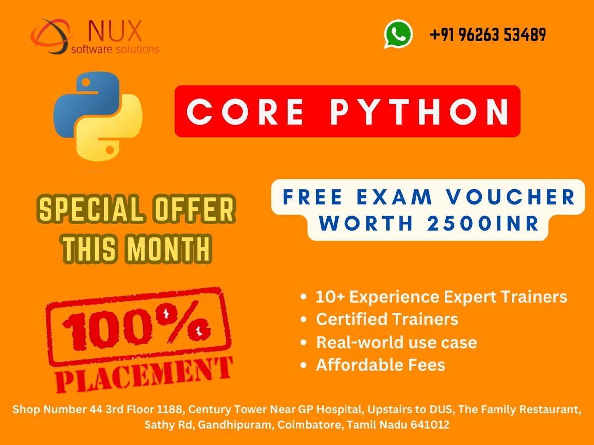NuxSoftware's tweet photo. #PYTHON
#training
#certification
#Corepython
#trainingcenter
#freeexamvoucher
#100placementassitance
#coimbatore
#gandhipuram https://t.co/rSq9vVwzrJ