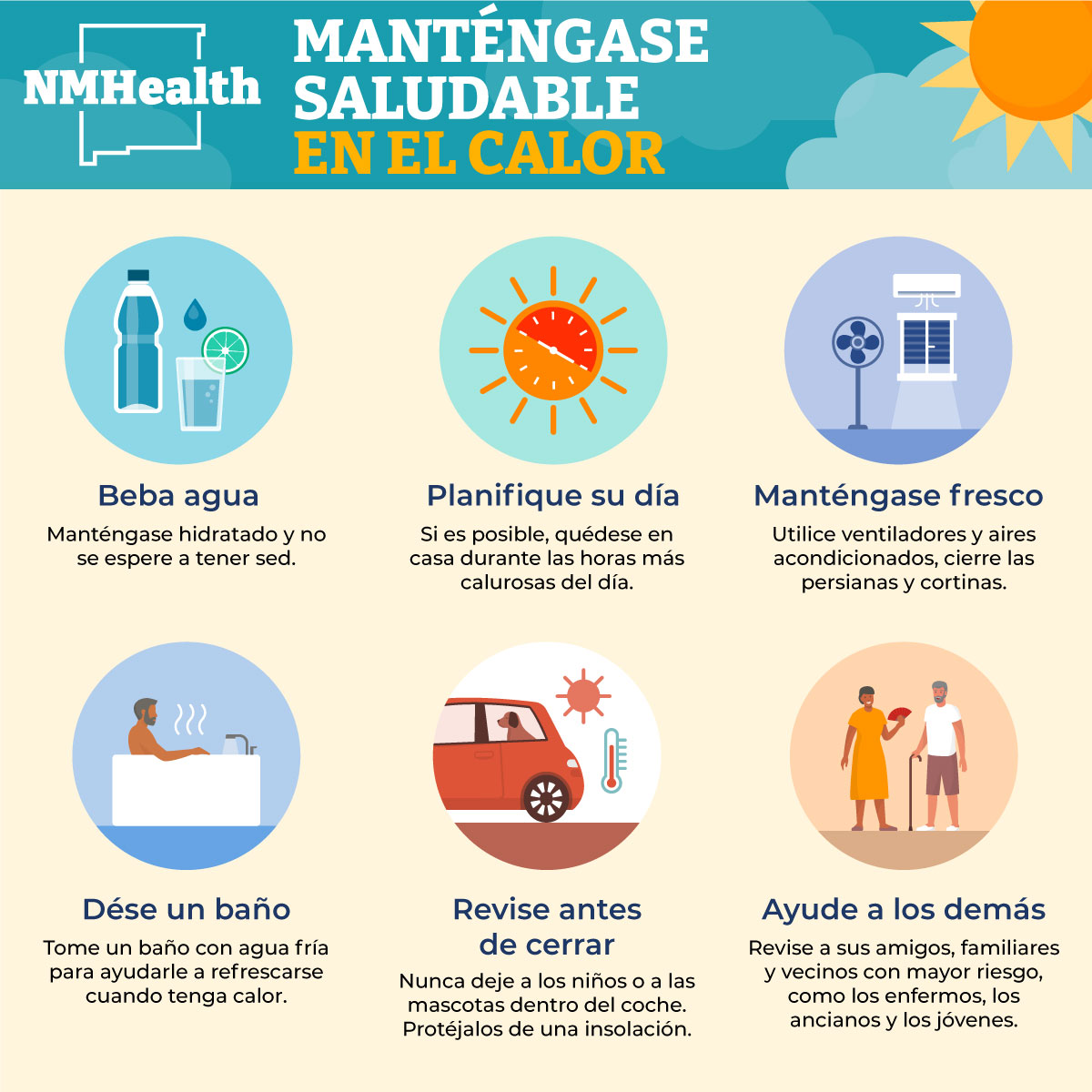 A medida que aumentan las temperaturas en todo Nuevo México, mantengámonos sanos en el #calor tomando precauciones para prevenir las enfermedades relacionadas con el calor. Aprenda a reconocer y tratar las enfermedades relacionadas con el calor en nmtracking.doh.nm.gov/health/climate…