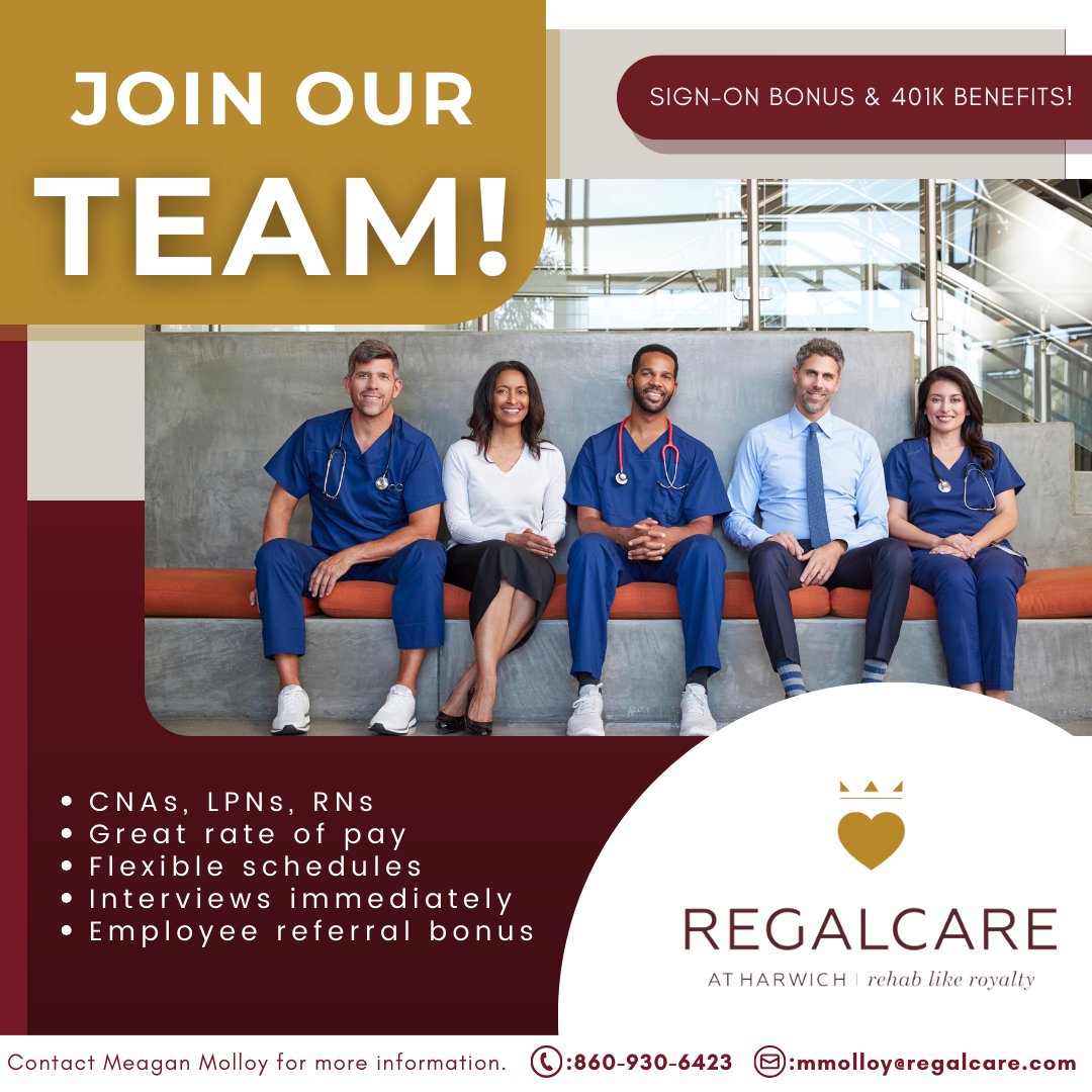 We're expanding our family at RegalCare at Harwich. Whether you're a CNA, LPN, or RN, we have positions for you!

Plus, a fantastic sign-on bonus, employee referral incentives, and more! Apply today and start making a difference in the lives of our residents!🌟

#JoinOurTeam