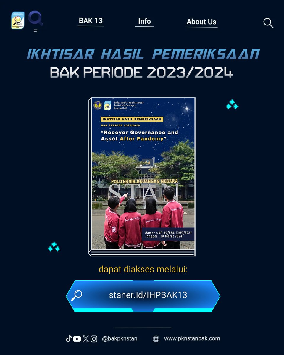 bakpknstan's tweet photo. 📘 [IKHTISAR HASIL PEMERIKSAAN] 📘
Ikhtisar Hasil Pemeriksaan (IHP) merupakan ikhtisar atau sintesis dari hasil seluruh pemeriksaan yang telah dilakukan oleh BAK periode 2023/2024 yang memuat rekomendasi strategis.
IHP dapat diakses pada link berikut:
🔗https://t.co/0F8CgrkWDZ https://t.co/vP2EuV4VDS