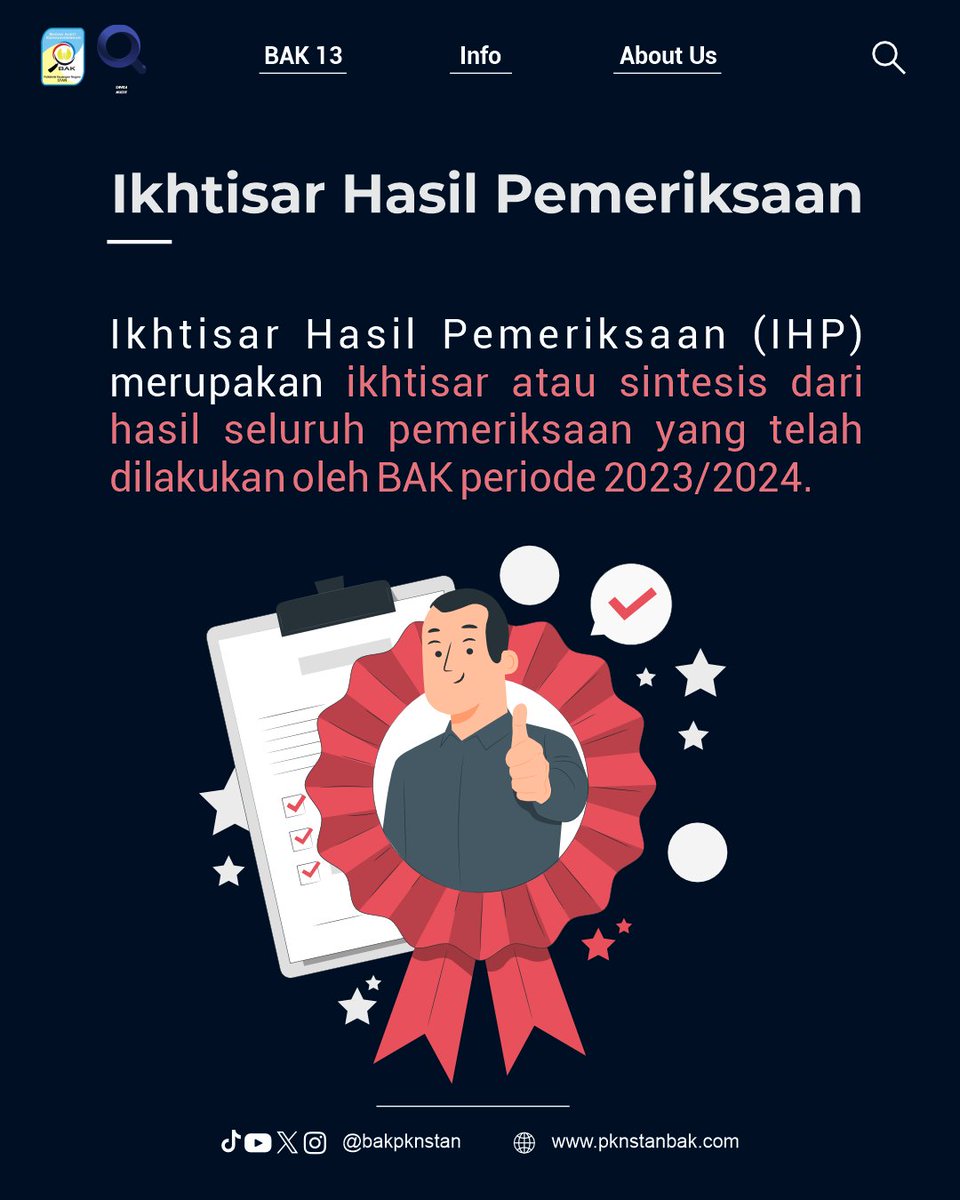 bakpknstan's tweet photo. 📘 [IKHTISAR HASIL PEMERIKSAAN] 📘
Ikhtisar Hasil Pemeriksaan (IHP) merupakan ikhtisar atau sintesis dari hasil seluruh pemeriksaan yang telah dilakukan oleh BAK periode 2023/2024 yang memuat rekomendasi strategis.
IHP dapat diakses pada link berikut:
🔗https://t.co/0F8CgrkWDZ https://t.co/vP2EuV4VDS