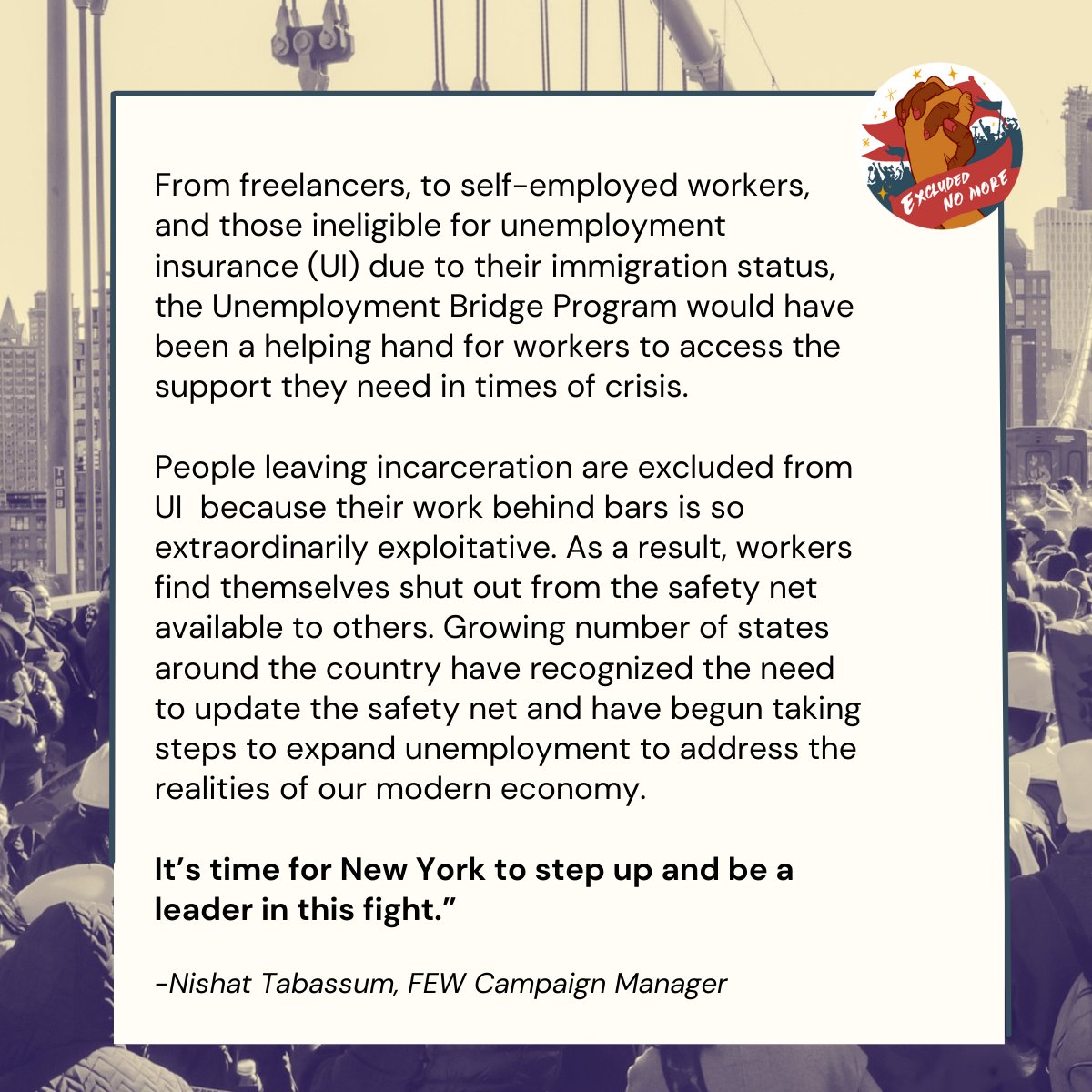 For 750,000 excluded workers in our state - losing a job means losing everything. Our fight must continue until we are #ExcludedNoMore. Our response to the final 2024 NYS Budget: