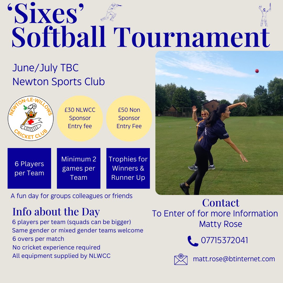 This season, we are hosting a 'Sixes Softball tournament' in June/July (date TBC) for teams of 6 players to enter - ideal for work colleagues or groups of mates who fancy a fun day in the sun! Matt Rose via 07715 372 041 or matt.rose@btinternet.com