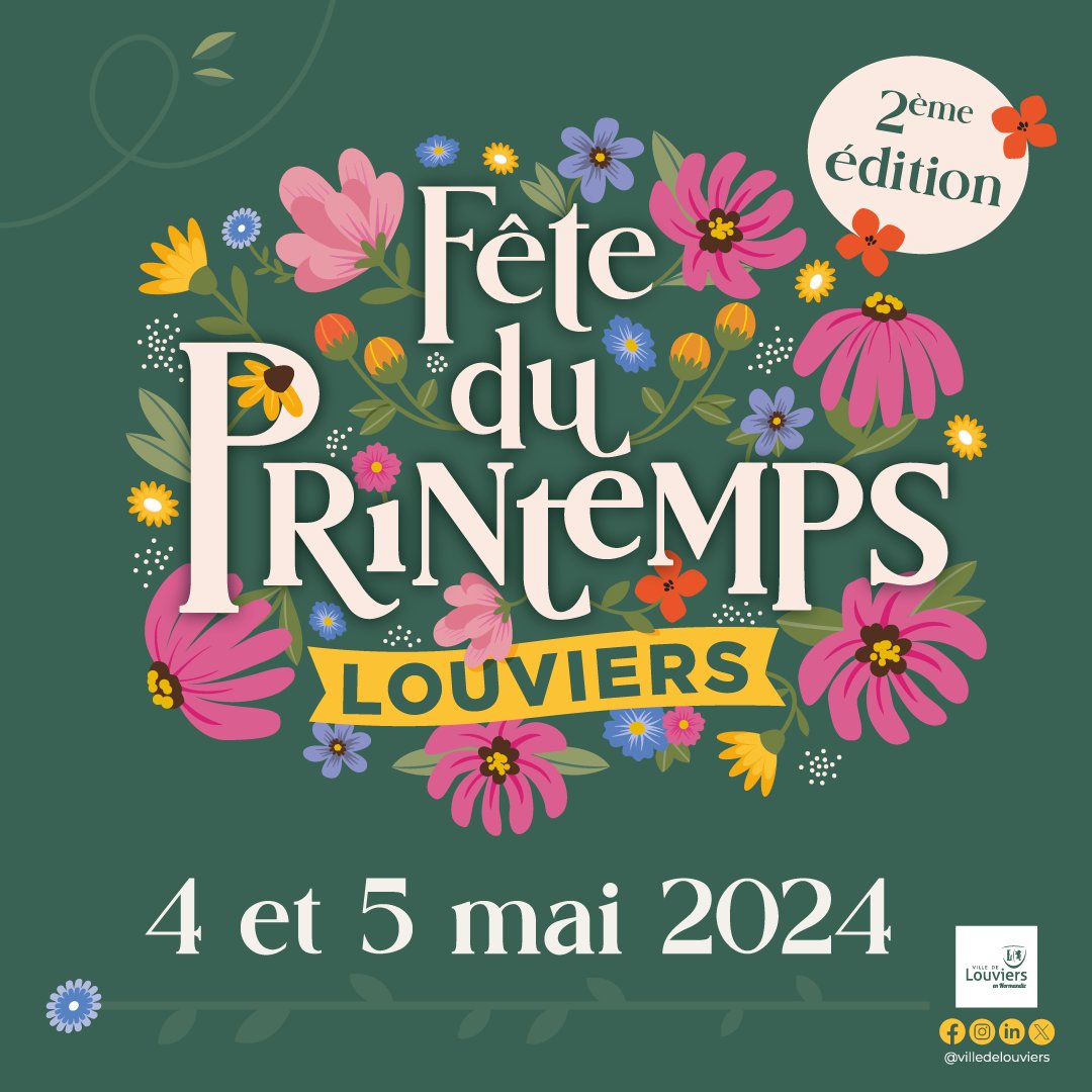 [#FETEDUPRINTEMPSLOUVIERS] 🌸 #Louviers fête le printemps les 4 & 5 mai 2024. Un évènement gratuit ! Au programme : #foireatout, #MAPS, Festiv’Halle de l’#humour, réveil du #jardin de Bigards, #concerts … ! Plus sur ville-louviers.fr/feteduprintemps #jaimelouviers | @aggloseineeure