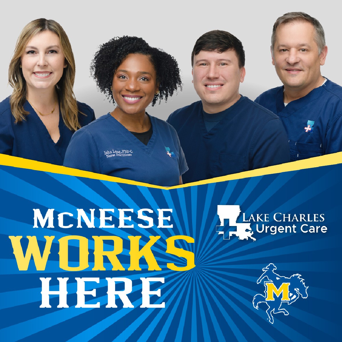McNeese's tweet photo. It's #McNeeseWorksHere Wednesday! π π Thank you Lake Charles Urgent Care, The Kay DorΓ© Counseling ClinicΒ and McNeese Autism Program! Become a Cowboy! https://t.co/J1sUTLwaBC https://t.co/W1g0PVhDd8