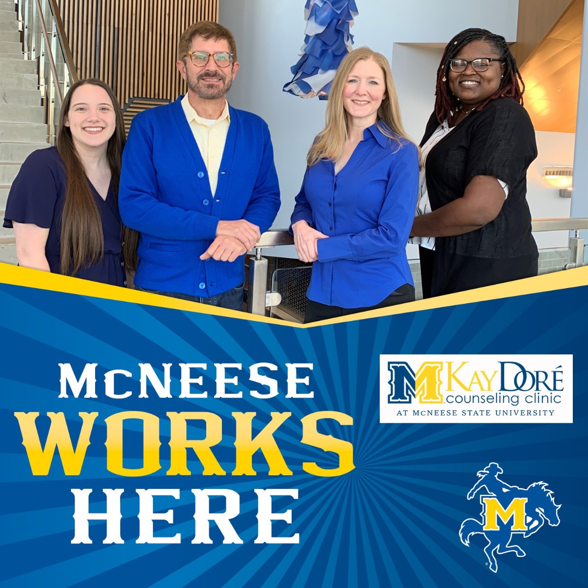 McNeese's tweet photo. It's #McNeeseWorksHere Wednesday! π π Thank you Lake Charles Urgent Care, The Kay DorΓ© Counseling ClinicΒ and McNeese Autism Program! Become a Cowboy! https://t.co/J1sUTLwaBC https://t.co/W1g0PVhDd8