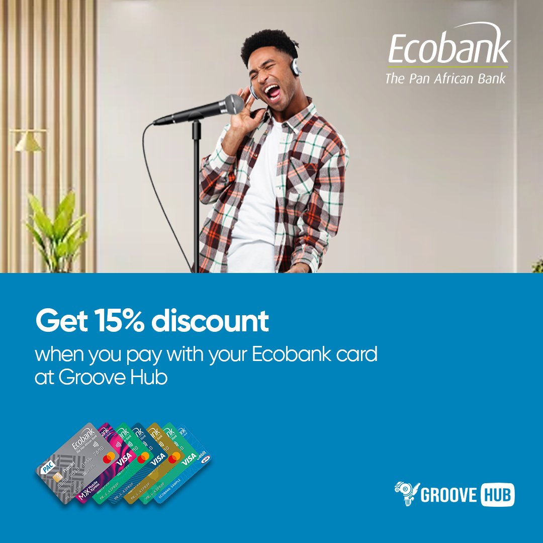 Enjoy a harmonious 15% #discount when you pay with your Ecobank card at Groove Hub Studios. Elevate your music experience and savings in one beat! 🎸💳 Call 080 000 3225 for more. Terms and conditions apply. #ABetterWay #GrooveWithEcobank