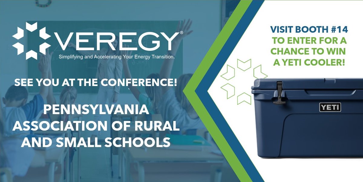 Visit Veregy Booth #14 at the Pennsylvania Association of Rural and Small Schools (PARSS) Annual Conference on April 25-26, and enter your district for a chance to win a YETI COOLER! #PennsylvaniaEducation #energysavings