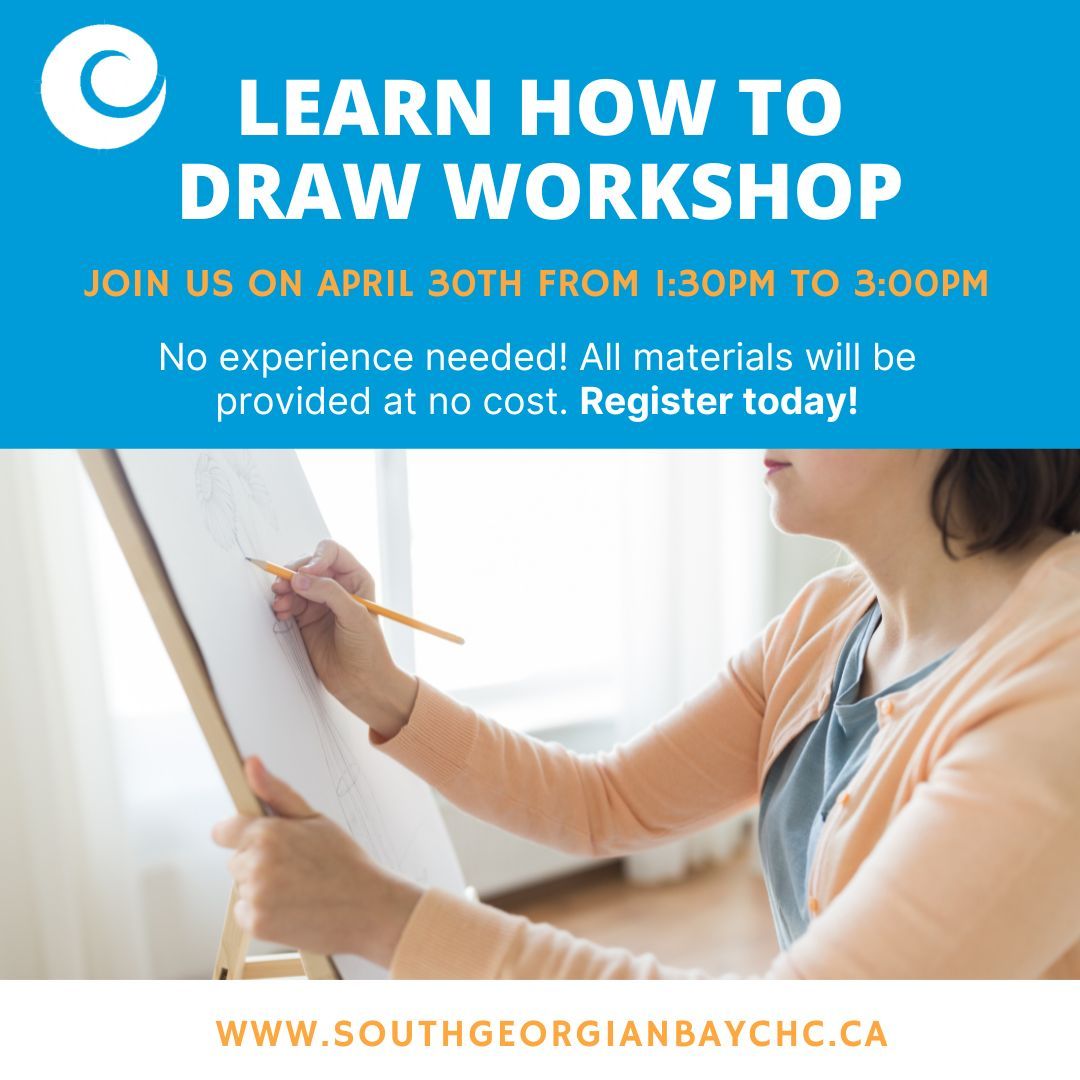 Join us for #DRAWING101 on April 30th from 1:30 PM - 3:00 PM at the South Georgian Bay CHC! Unleash your creativity and discover the art of drawing! ✨ All materials will be provided at no cost. Reserve your spot today! southgeorgianbaychc.ca/event/219. #ArtWorkshop #CreativeExpression