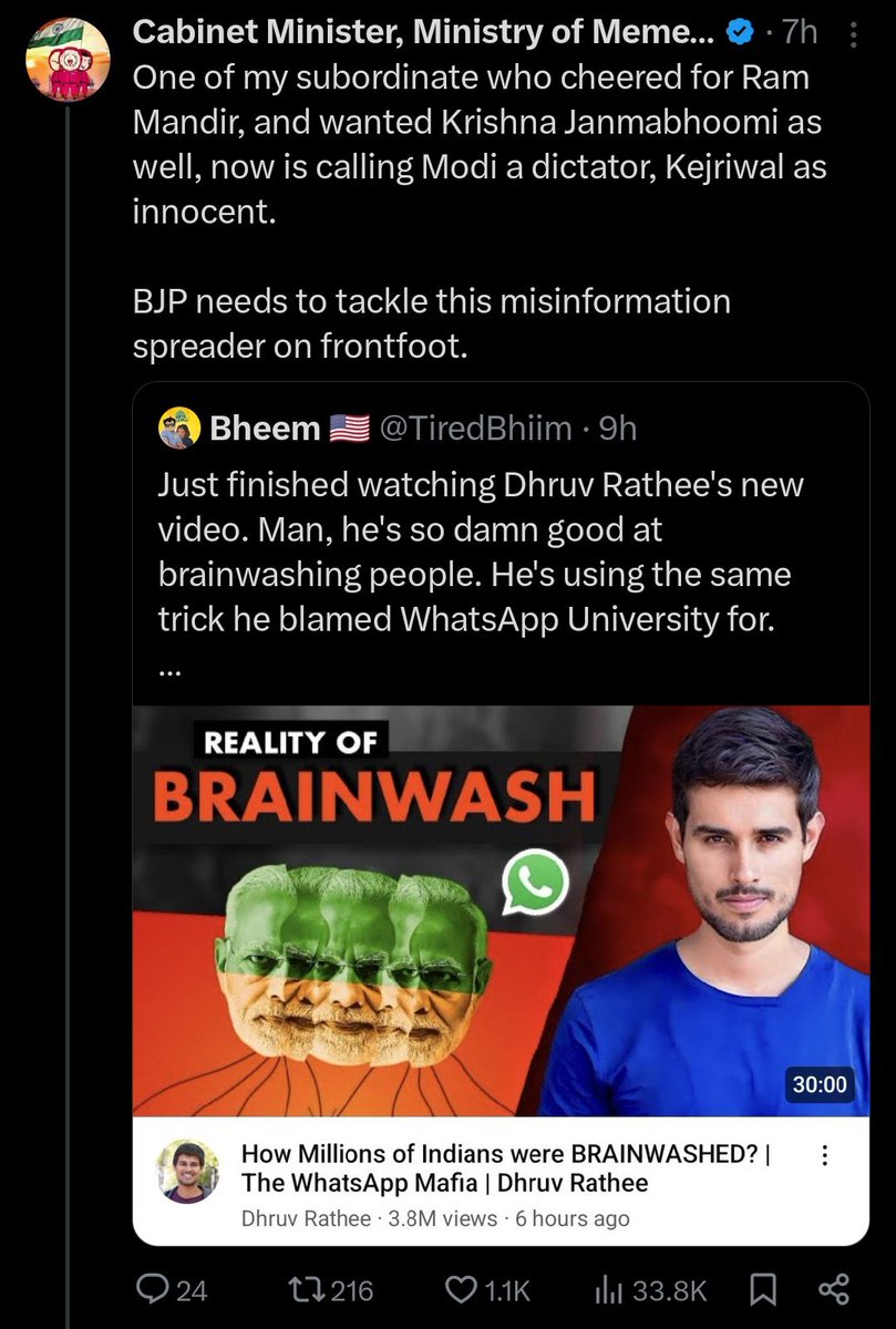 Dhruv Rathee has given sleepless nights to the BJP 😂😂😂🔥🔥🔥 This RW account is saying Dhruv Rathee has started reversing the brainwash and that BJP needs to tackle him. No other Journalist, YouTuber or influencer had been able to create an impact like Dhruv Rathee is