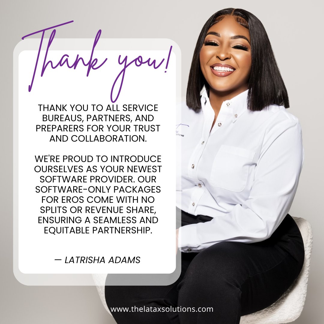🤝 A big thank you to all service bureaus, partners, and preparers for your trust and collaboration.

Shop now our software-only packages for EROs at thelataxsolutions.com/shop

#SoftwareProvider #EROs #TaxProfessionals #TaxSoftware #TaxPreparation #Tax #TaxSeason