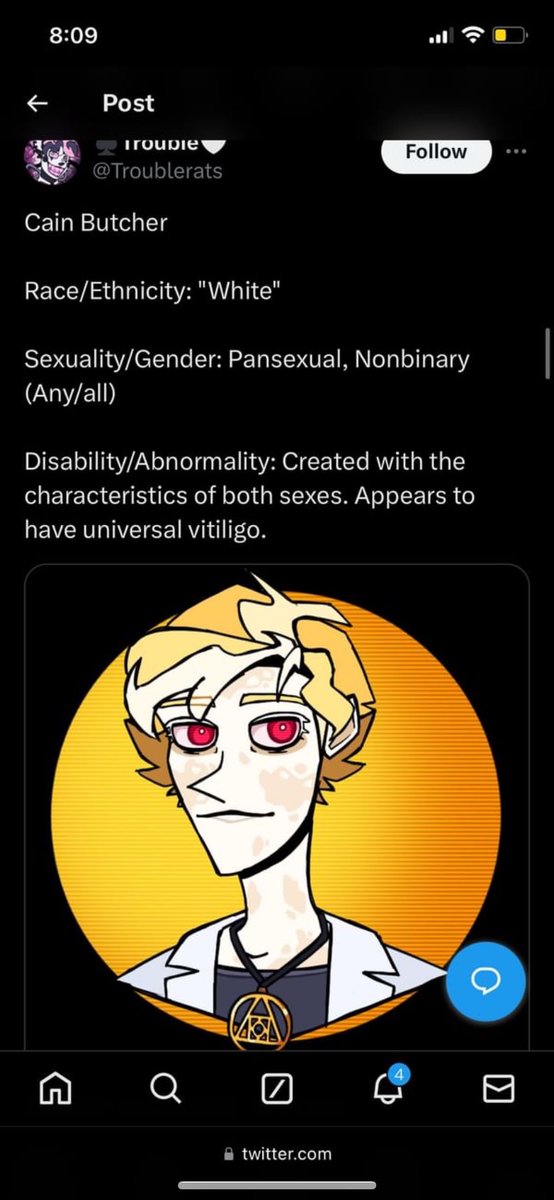 who makes a “disability/abnormality” thing for their character and then puts cancer. imagine suffering from leukaemia or having vitiligo and seeing this telling you you’re an abnormality when they’re trying to be progressive and normalising these things. get out we don’t want you