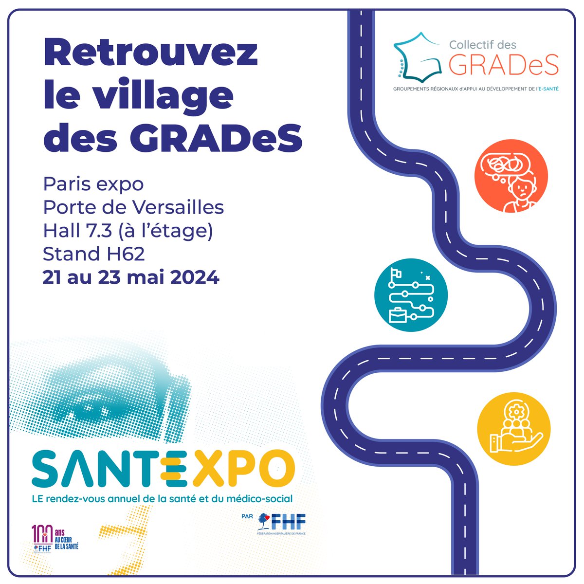 📢Retrouvez le village des GRADeS sur #SantExpo du 21 au 23 mai 2024 !

📍 Paris expo  Hall 7.3 - Stand H62

🗣 Venez échanger autour des sujets e-santé !

👉 Pour participer : santexpo.com/salon-santexpo…