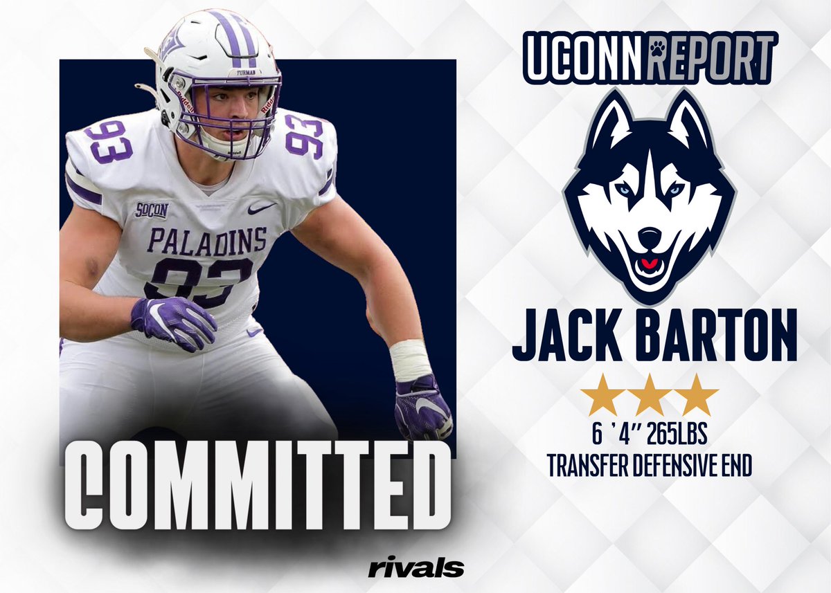 🚨COMMIT ALERT🚨

#UConn Football lands  #Furman defensive end transfer @JackFBarton, who previously committed to #GeorgiaTech.

👉 tinyurl.com/bdzk8eec