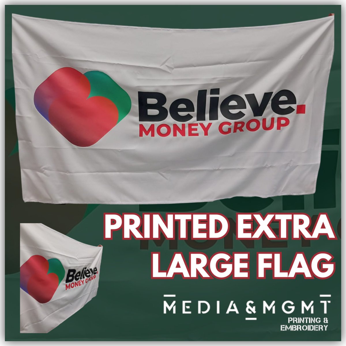 Printed extra large flag for Believe Money Group 🙌🏽 mgmt-print.co.uk #trophies #sportstrophies #footballtrophies #dancingtrophies #trophy #awards #mediamgmtprintingandembroidery #printing #dancewear #doncasterisgreat #customprints #doncasterbusiness #logoprinting
