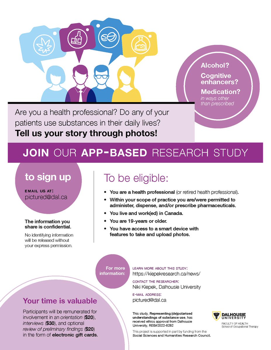 A new study from @nkiepek at @DalhousieU is exploring diverse perspectives about substance use and recruiting: - law enforcement personnel (lawyers, judges, police, probation officers, border control agents, prison guards) - healthcare professionals 📨pictured@dal.com for info