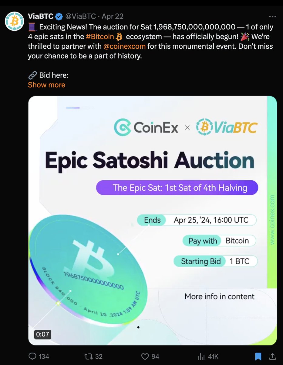 NEW: After mining the halving block, ViaBTC is now running an auction for the first satoshi of the block as it is an 'epic sat'. Bidding starts at 1 #Bitcoin Warning: Paying over 100,000,000 sats for 1 satoshi may not be in your economic best interest 😮