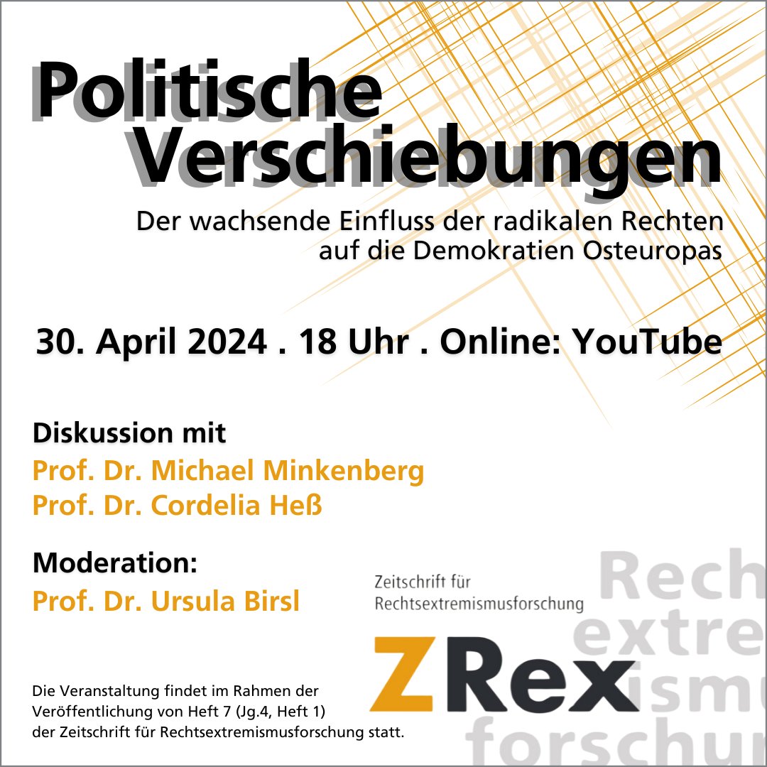 IDZ_Jena's tweet photo. ⏰Über den wachsenden Einfluss der radikalen Rechten auf die #Demokratie|n #Osteuropa|s
spricht Ursula Birsl @Uni_MR mit Michael Minkenberg @viadrina & Cordelia Heß @uni_greifswald.
🔸Wann: 30.04. | 18h
🔸Wo: Live auf YouTube: https://t.co/Ysp9bYLJUZ
@DGSoziologie @Wi__REX https://t.co/04tYs4EZ8A