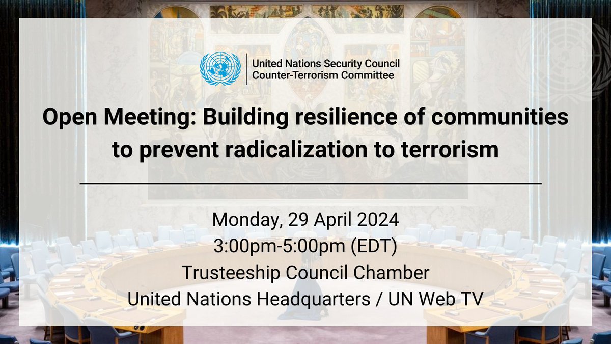 This Monday, 29 April, the UN #CounterTerrorismCommittee will hold an open meeting on “Building resilience of communities to prevent radicalization to terrorism”. ▪️ More info: bit.ly/3Qbew8c ▪️ Watch live from 3pm EDT: webtv.un.org #CommunityResilience