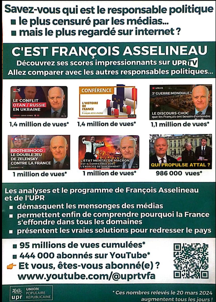 @f_asselineau est boycotté depuis 2007 en France par ts les medias mainstream en dépit de la loi sur l'équité de temps de parole de tous les candidats aux élections. Pourquoi @Arcom_fr ne fait pas respecter la loi?
 JeVote #UPR pr libérer la 🇫🇷
 #onveutvoirlecomptage #9juin2024