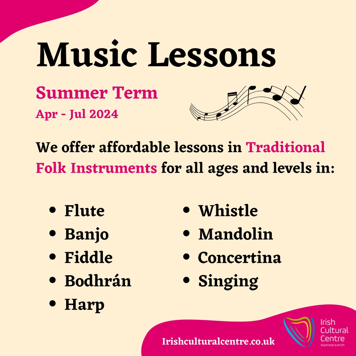 ⏰ Reminder that enrolment for our summer term of #MusicLessons closes this Friday 26 April by 5pm. Please register before then if you would like to get a place. 🌸irishculturalcentre.co.uk/education/musi…
