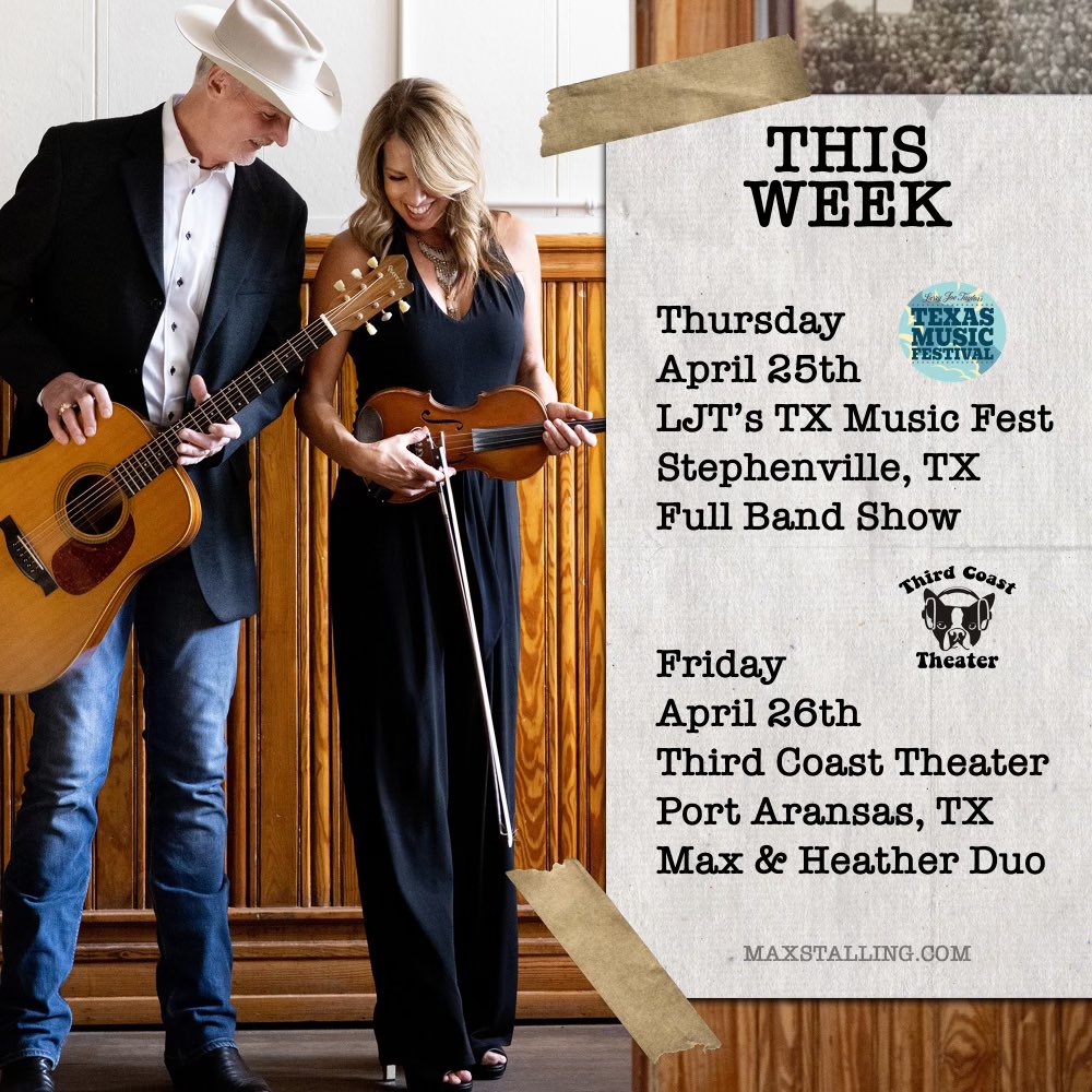 maxstalling's tweet photo. Love this time of year!
Flowers are in bloom. Festivals are in full swing. And everybody’s feeling frolicsome.
Come see us!
@texasmusicfest @ShinerBeer @olatheboots @HeatherFiddle #thirdcoasttheater #livemusic #musicfestival #texasreddirtmusic #singersongwriter #fiddleplayer https://t.co/a0WeFuaI77
