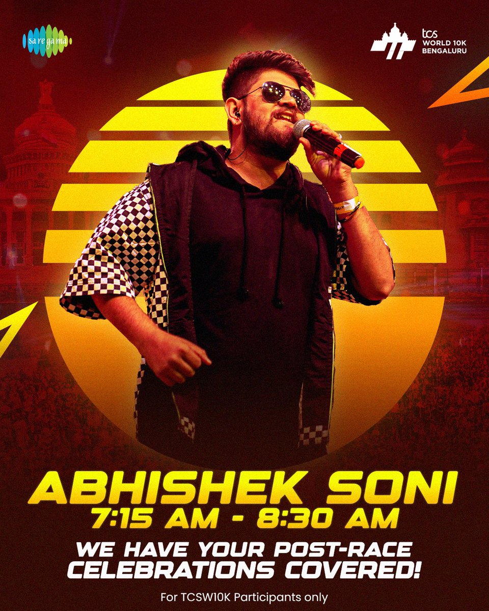 Come dance to the beats of Abhishek Soni at the post-race celebrations💃🕺 ⏰: 7:15AM TO 8:30AM 📍: Field Marshal Sam Manekshaw Parade Ground Artist managed by: @saregamaglobal *Exclusively for TCS World 10K Bengaluru Participants #TCSW10K #EndendiguBengaluru