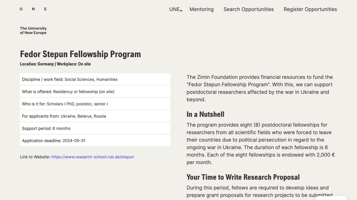 Today from the UNE resource list: Fedor Stepun Fellowship Program which supports 8 postdoctoral researchers affected by the war in Ukraine and beyond. The application deadline is May 31 2024. For more information:  neweurope.university/fedor-stepun-f…