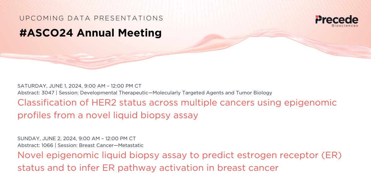 We are excited to announce that two abstracts for @Precede_Bio's comprehensive epigenomic liquid biopsy platform have been selected for presentation at #ASCO24, taking place from May 31-June 4, 2024 in Chicago. #PrecisionMedicine #PrecisionOncology #Healthcare #DrugDevelopment…