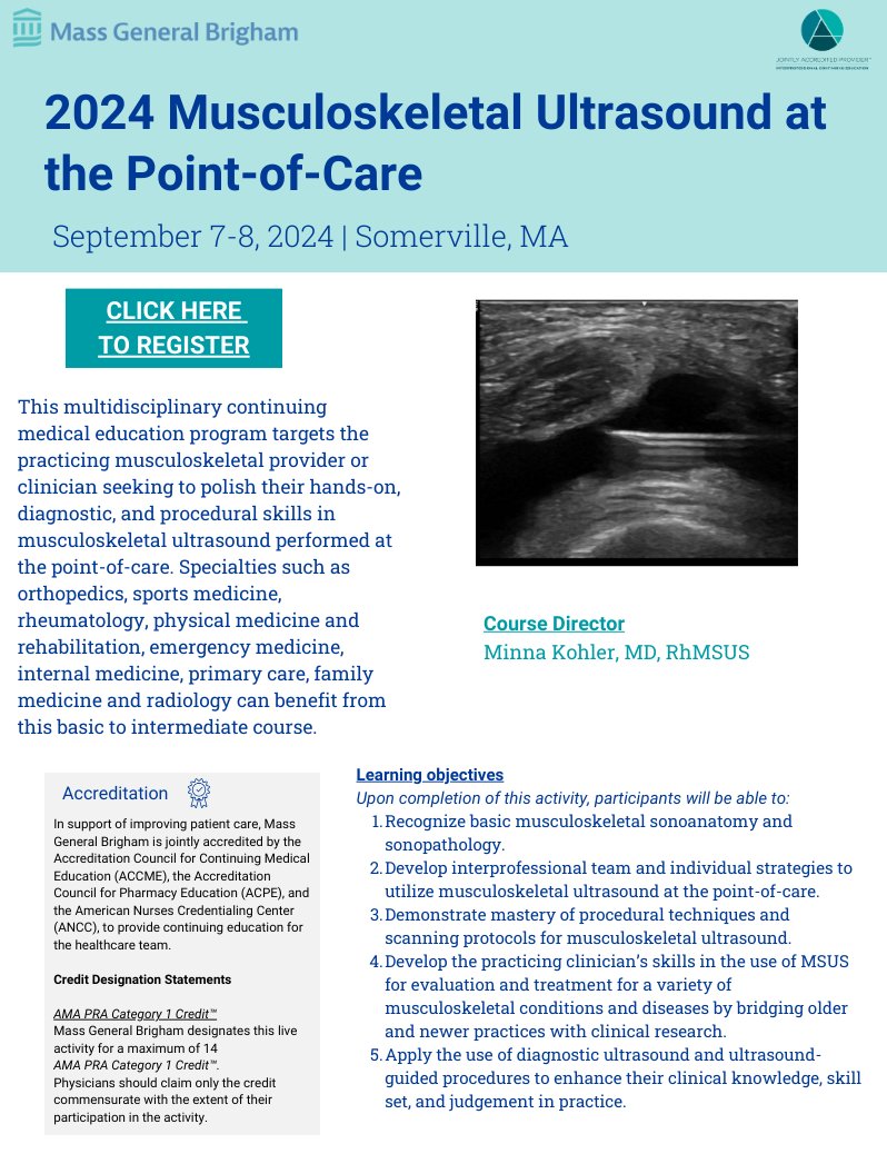 Join course director @minnakohlermd on September 7-8, 2024 to polish your hands-on, diagnostic, and procedural skills in musculoskeletal ultrasound performed at the point-of-care. Register Now! cpdlearn.massgeneralbrigham.org/course/2024-mu…