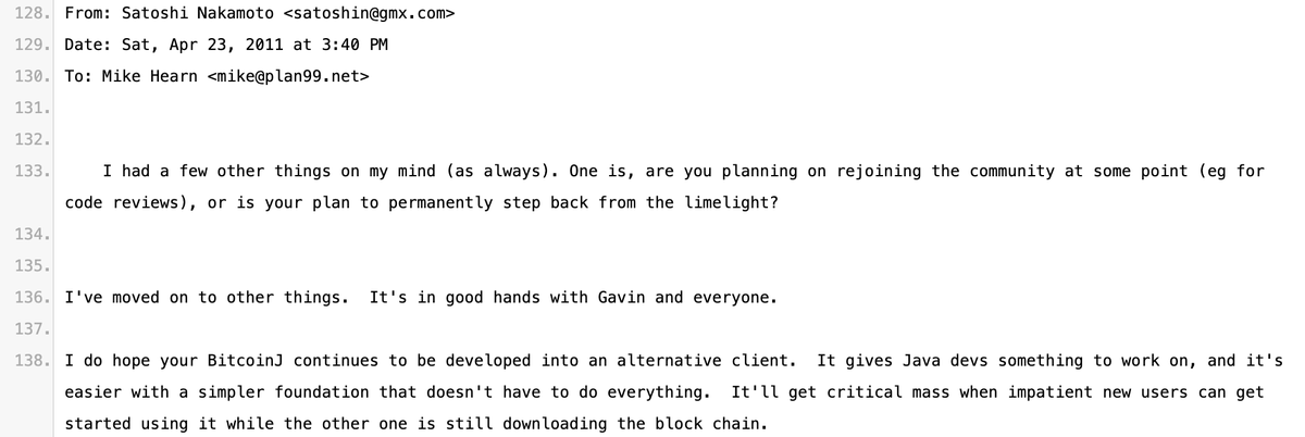 On 23rd April, Satoshi Nakamoto sent the last known communication to #Bitcoin devs. “I had a few other things on my mind (as always). [...] I’ve moved on to other things. It’s in good hands with Gavin and everyone.”