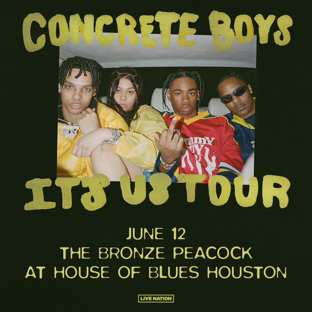 JUST ANNOUNCED: Concrete Boys in Bronze Peacock at House of Blues Houston on June 12! 💥 Presale: Wed, 4/24 at 9AM | Code: RIFF 📢 On sale: Fri, 4/26 at 10AM 🎟️ livemu.sc/3WicKGd
