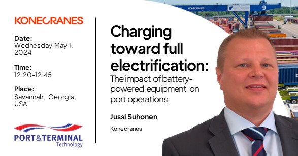 Learn about the impact of battery-powered #equipment on port operations. Join us next week at the #Port Terminal Technology #Conference in Savannah to learn more from Jussi Suhonen's presentation on May 1st. okt.to/DrLY0f #konecranes #portsolutions #electrification