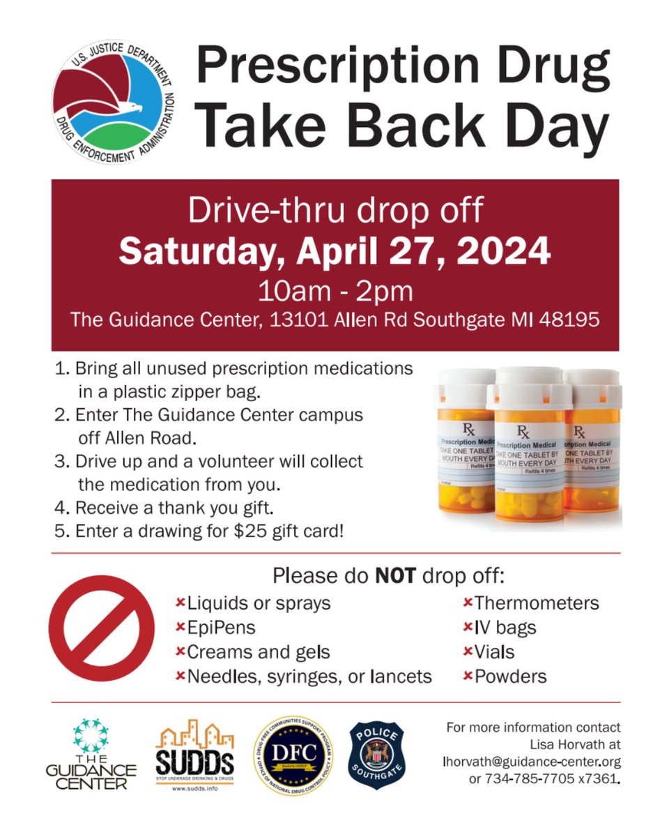 Let's work together to prevent misuse! You can drop off old prescriptions this Saturday, April 27th from 10 AM to 2 PM. Dispose of unused medications and help keep our youth and community safe.

#SafeCommunities #Safety #CommunityHealth #SafeDropOff #TakeBackPrescriptionDay # ...