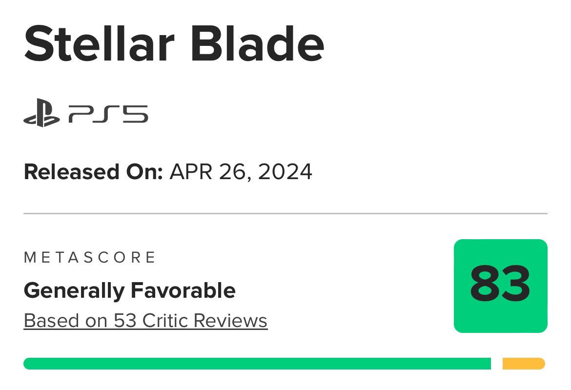 ▫️Stellar Blade'in inceleme puanları açıklandı! Metacritic: 83 Oyun, 26 Nisan'da çıkacak.