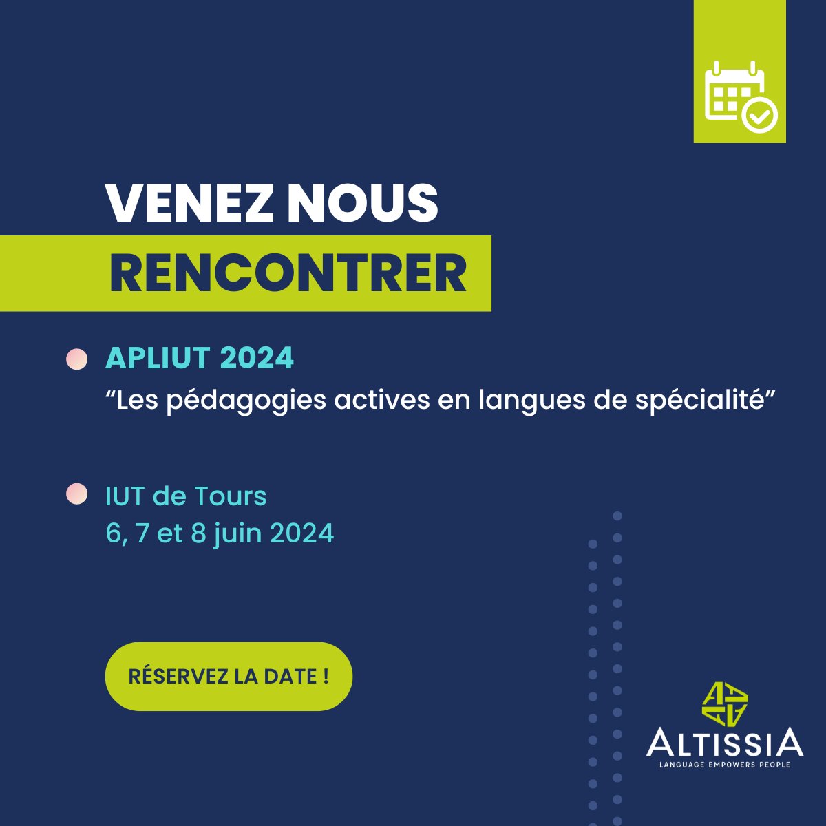 Altissia's tweet photo. 🎉 Altissia participe au 44e Congrès de l’APLIUT !

Venez nous rencontrer et découvrez comment nos solutions innovantes, adaptées aux besoins spécifiques de vos étudiants, peuvent efficacement les aider à développer leurs compétences linguistiques.📚🌟

#APLIUT2024 #Altissia #IUT https://t.co/LKD2aVoCVb