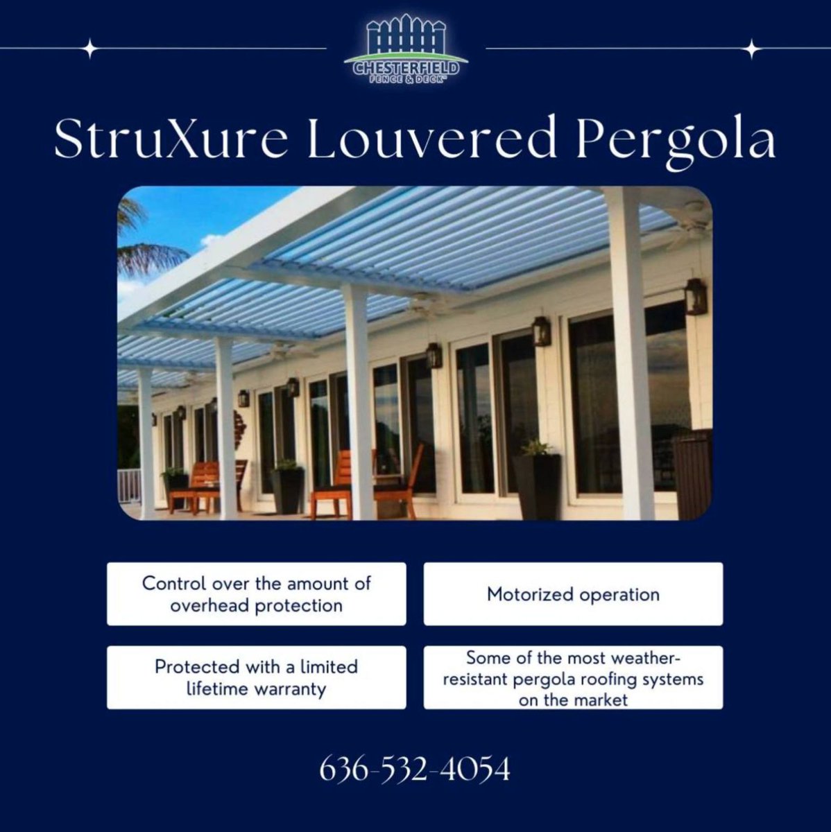 With a louvered pergola from StruXure™, you can easily adjust the operable roofing system to suit your needs, whether you want to let in the sunshine or create some shade!

Contact us today to learn more: chesterfieldfence.com/.../struxure-l…

#Pergola #OutdoorLiving #BackyardDesign