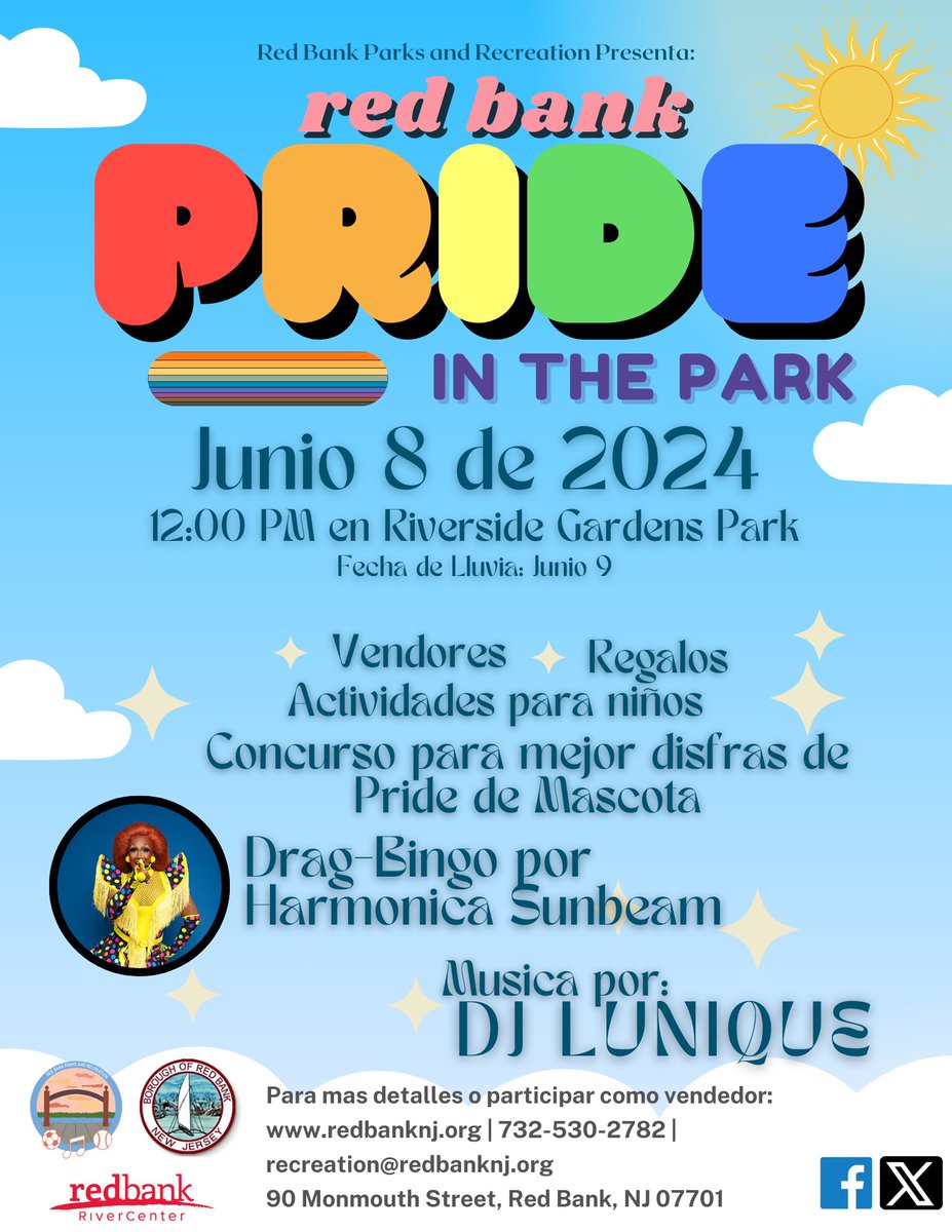 🌈Join us for a celebration of diversity and inclusivity at Pride in the Park! Bring your friends and family on June 8th for a day of music, fun, and acceptance at our very own Riverside Gardens Park! To become a vendor, please contact us at recreation@redbanknj.org