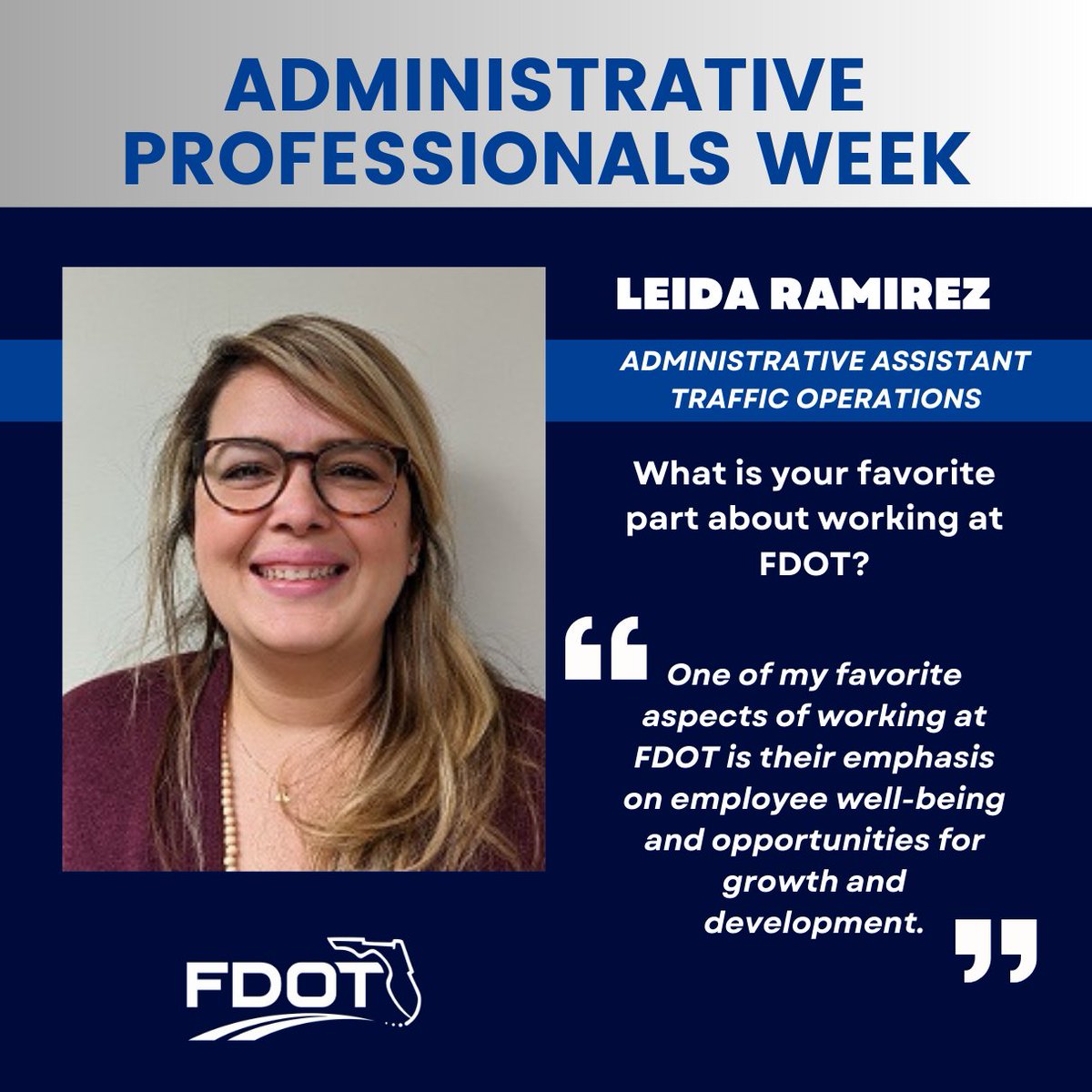 Meet Leida Ramirez, Administrative Assistant - Traffic Operations, who has been with the Department for two years. Thank you for all your hard work and dedication Leida! #AdministrativeProfessionalsWeek