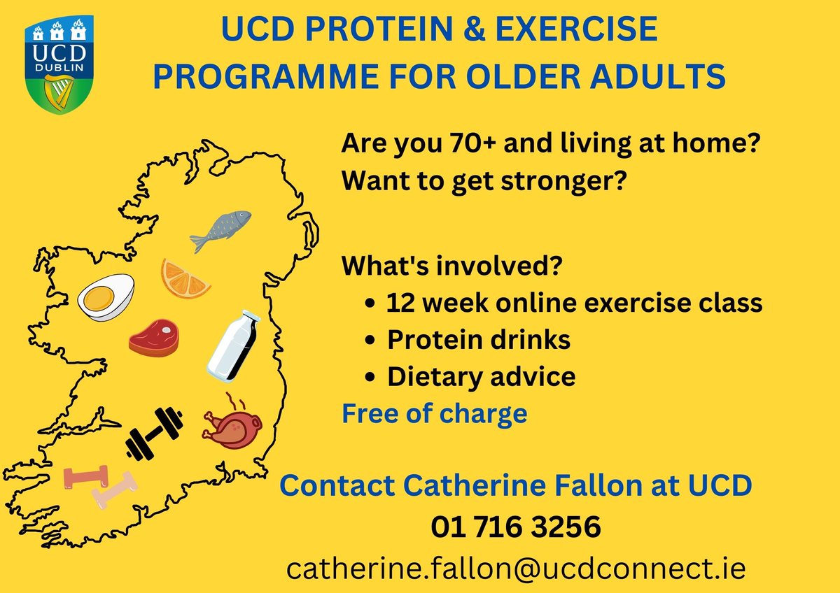The University College Dublin is researching nutrition + exercise on older people who receive supportive home care. The study is aimed at people aged 70+ who receive some level of assistance/care with activities of daily living. Read more here://rb.gy/ooexwk