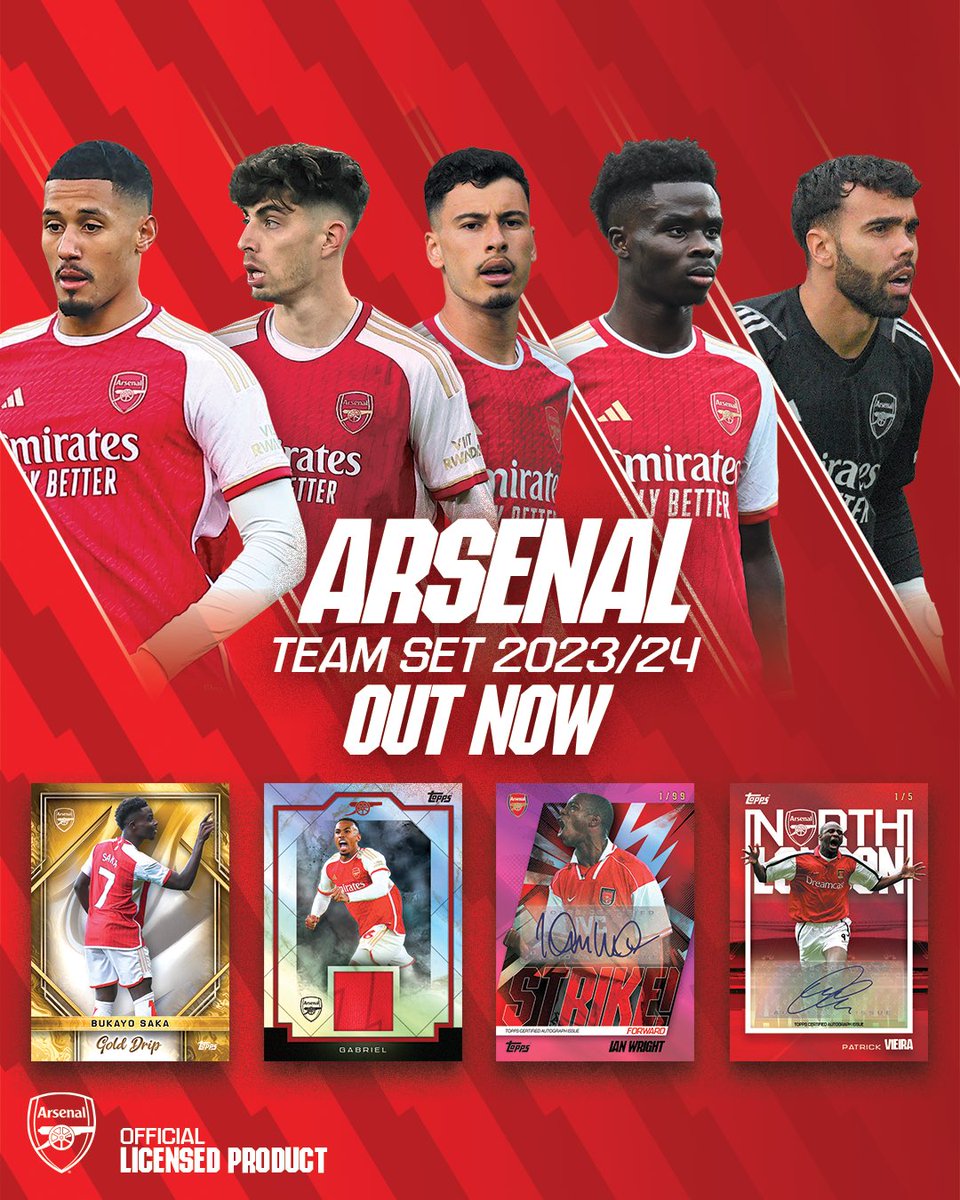 With a stunning Topps Debut the Arsenal FC 2️⃣0️⃣2️⃣3️⃣ / 2️⃣4️⃣ Team Set is OUT NOW! ❤️🤍   With 1️⃣ Autograph, Relic or Auto Relic, plus at least 1️⃣ Sequentially Numbered Parallel and 1️⃣ Icy Foil Parallel per box!   🔗 uk.topps.com/products/topps…   #Topps #Arsenal #AFC #TeamSet #TheHobby