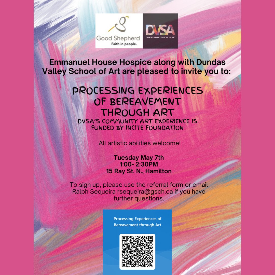 GoodShepherdHam's tweet photo. Emmanuel House Hospice along with Dundas Valley School of Art are pleased to invite you to: Processing Experiences of Bereavement Through Art. To sign up, please email Ralph Sequeira at rsequeira@gsch.ca 

All artistic abilities are welcome! 🖌️ https://t.co/kOmjYrlBlU