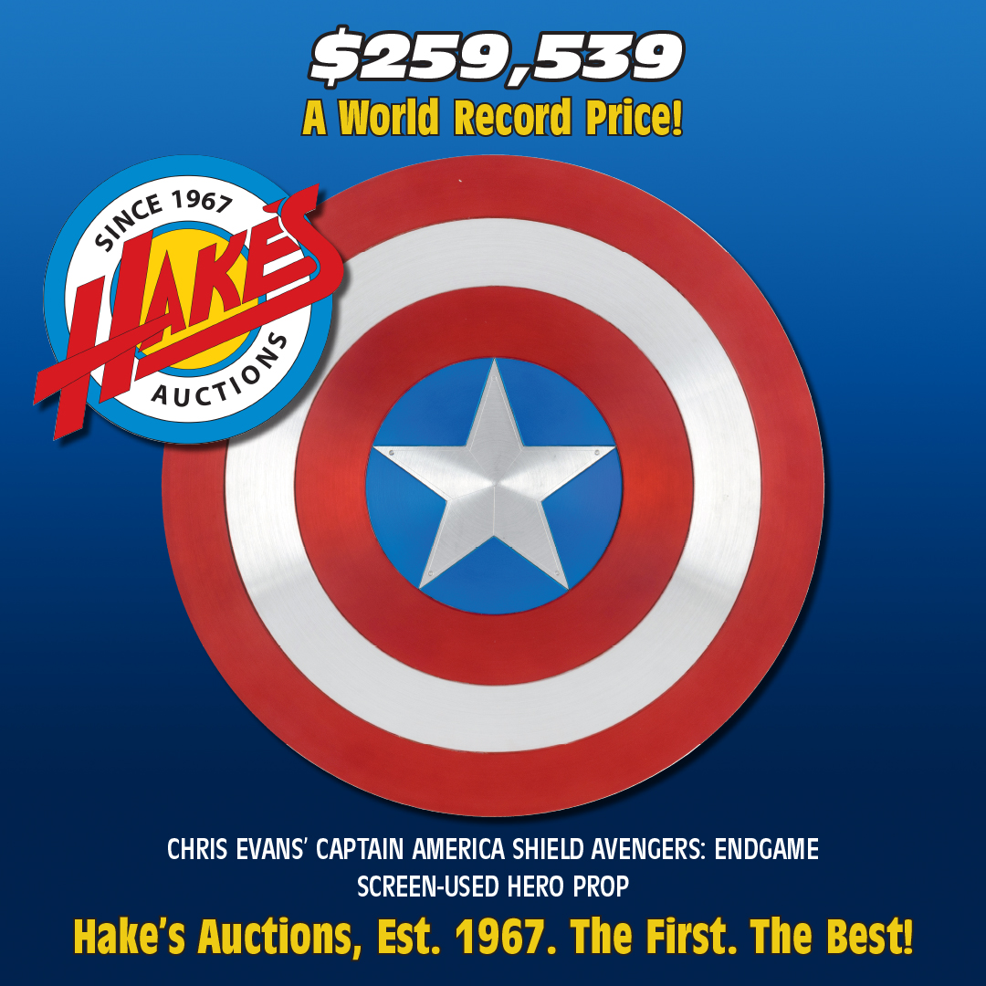 SOLD FOR $259,270! Speaking of @CaptainAmerica, did you see what Chris Evans' screen-used Avengers: Endgame hero prop shield sold for at Hake's? A world record price for @MarvelStudios props! Contact Hake's to sell yours! 🇺🇸 #CaptainAmerica #ChrisEvans #AvengersEndgame #collector