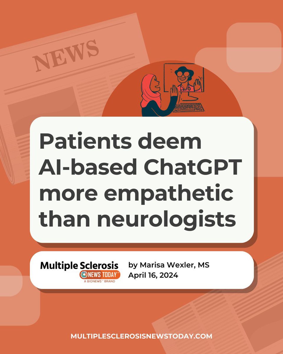 In a survey of more than 1,100 people with MS, ChatGPT-generated answers to MS-related questions were rated as significantly more empathetic. bit.ly/3Qat4VA 

#MS #MultipleSclerosis #MSResearch #MSNews