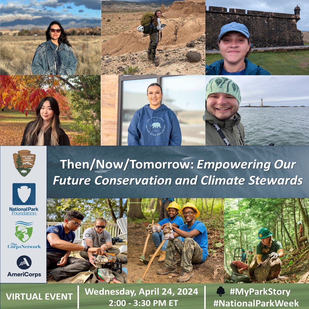 📢 Don’t miss out on our amazing virtual event, “Then/Now/Tomorrow: Empowering Our Future Conservation and Climate Stewards,” HAPPENING TODAY from 2:00pm-3:30pm ET! Register now ➡️ nps.gov/subjects/youth…. 📷 Photos Courtesy of The Corps Network #NPSYouth #Climate #Virtual