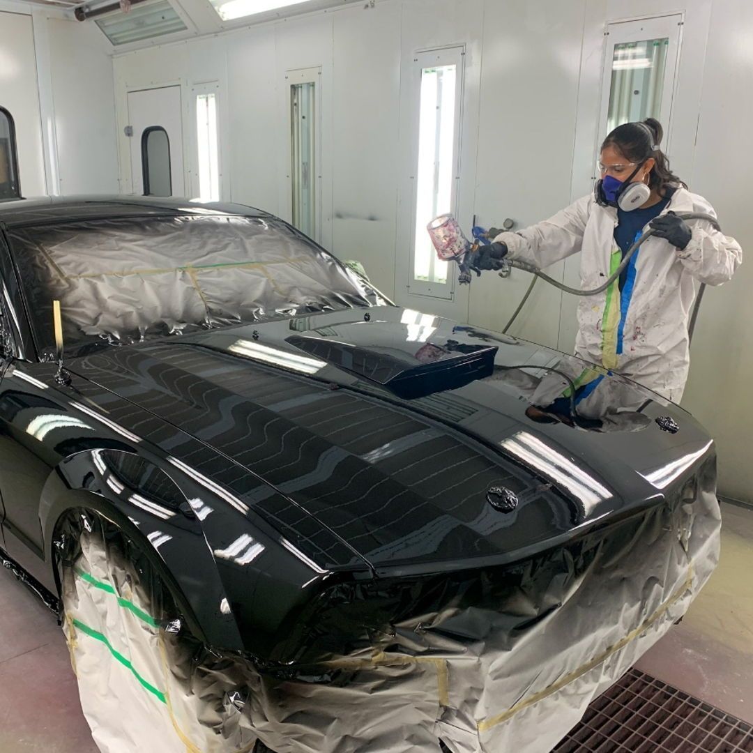 Deborah F., a GR11 Collision Repair student from Salem is getting ready for the #SkillsUSA State Automotive Refinishing competition! She is laying down an amazing paint job on this Ford Mustang. #goforthegold #EssexTechCollision #HawkTalk #CreateEncouragePromoteDevelop #ENSATS